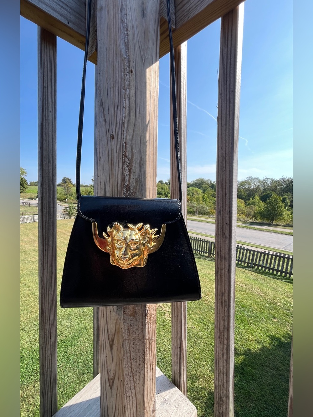 Vintage Sasha 1996 Black Leather Gold Panther Jaguar Crossbody Bag